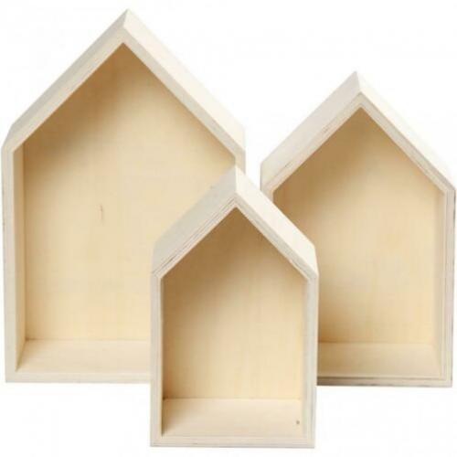 Houten display kistjes huizen 20,3+25,3+31cm set 3 stuks