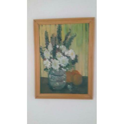 Olieverf schilderij van vaas met bloemen