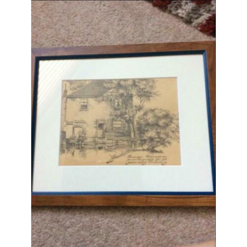 Mooie echt oude ingelijsten pen tekening van ZAANDAM