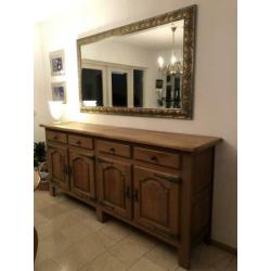 Blank eiken dressoir, spiegel, eethoek, salontafel