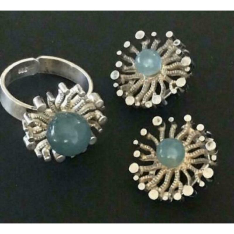 Zilveren RING en OORBELLEN met CHRYSOPRASE steen