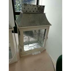 Brocante windlichten, hout met metaal