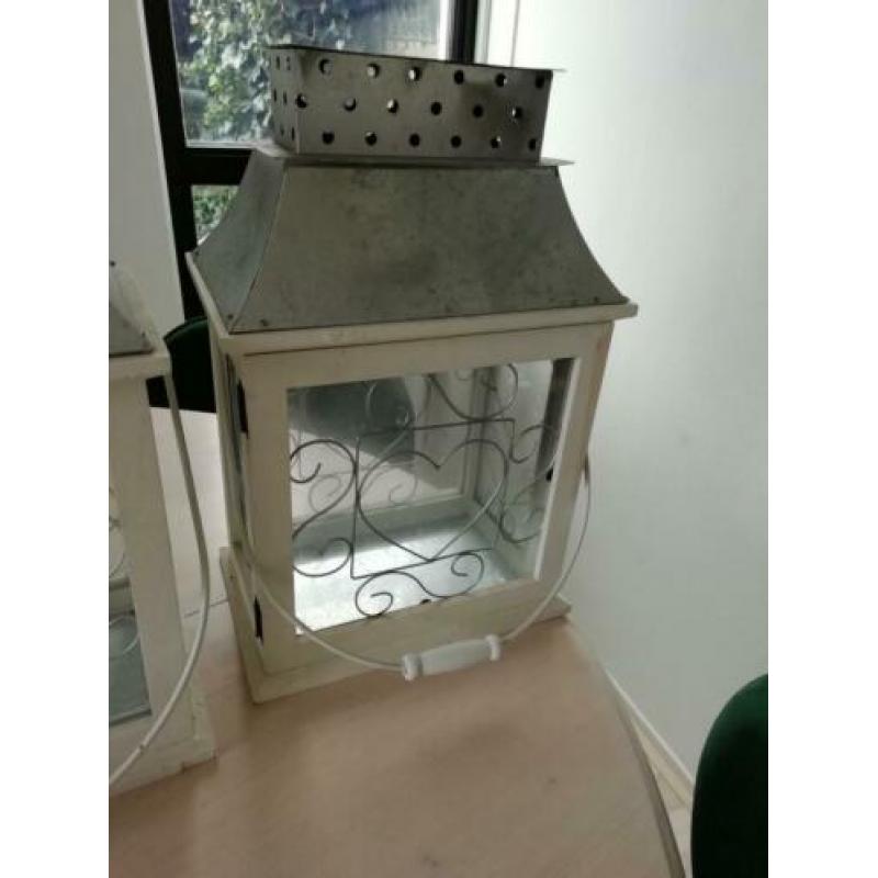 Brocante windlichten, hout met metaal
