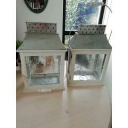 Brocante windlichten, hout met metaal