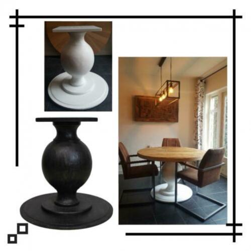 Ronde tafel met bolpoot. Tafelblad in diverse houtsoorten.