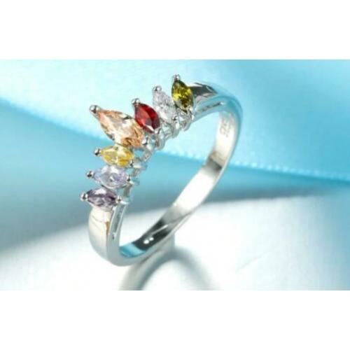 925 Sterling Zilveren Ring Kleuren Zirkonen Maat 18 Nieuw