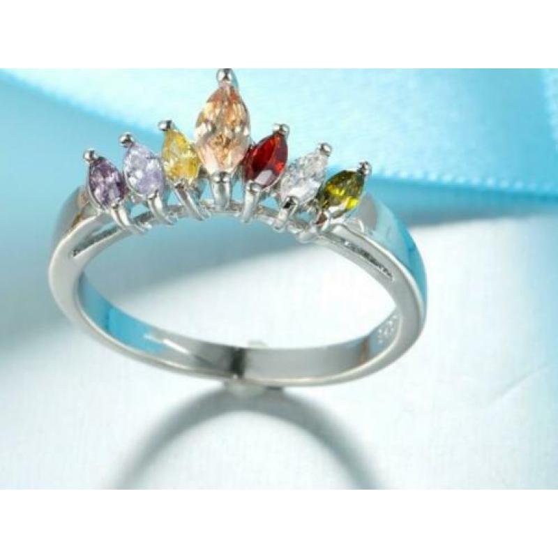 925 Sterling Zilveren Ring Kleuren Zirkonen Maat 18 Nieuw