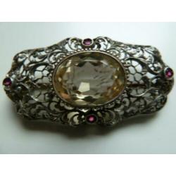 Antieke filigrain zilveren broche citrien + robijn /Luxeriös