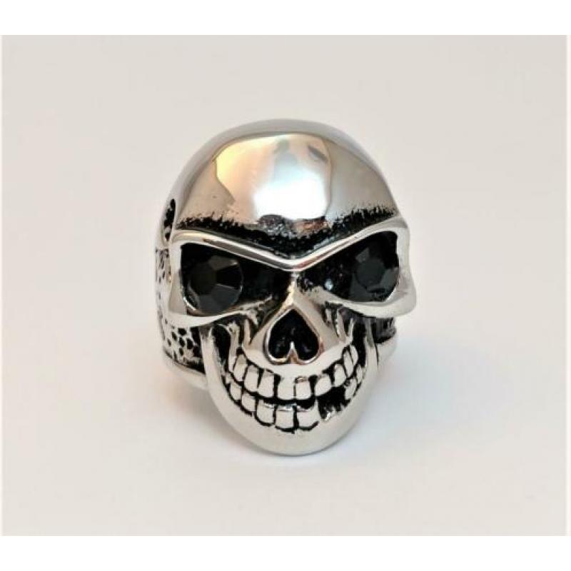 Stalen Schedel Ring met Zwarte Zirkonia. Nr. 1801058