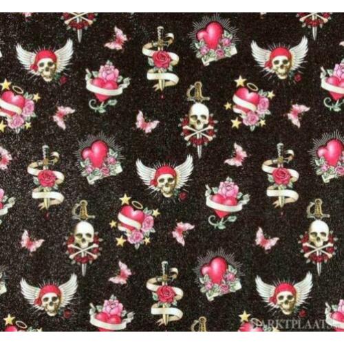 Tattoo Skull stof rozen, vlinders en glitter & meer stoffen