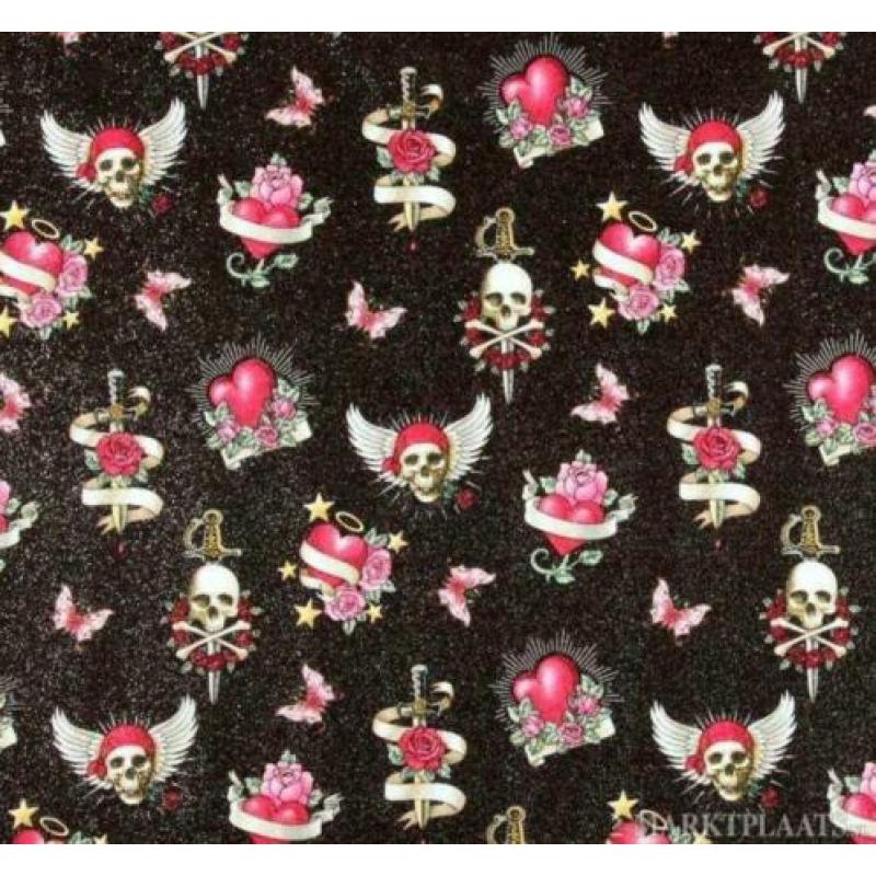 Tattoo Skull stof rozen, vlinders en glitter & meer stoffen