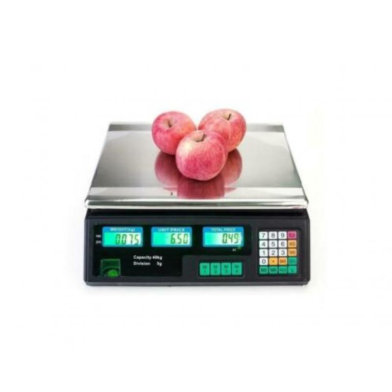 Retail-weegschaal (NIEUW; max 40 kg; accu; 6 displays etc.)