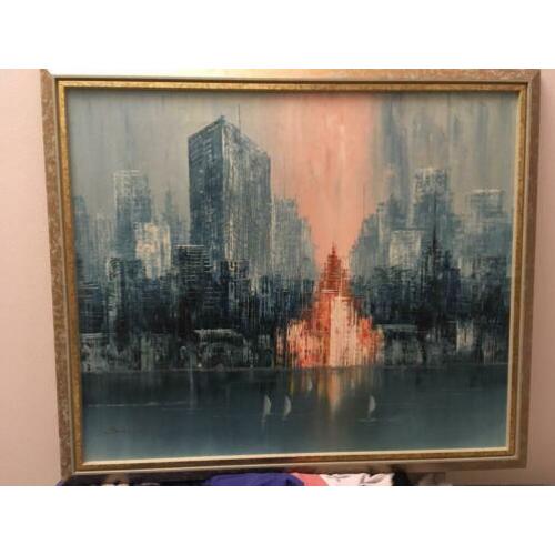 Olieverfschilderij, City skyline, bonsall, gesigneerd,