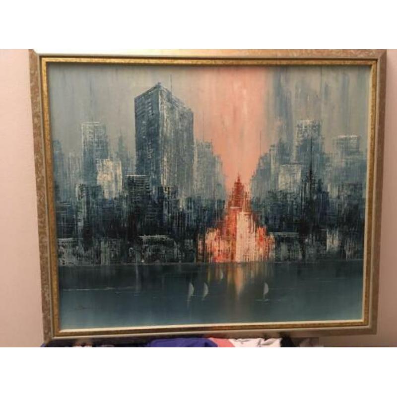 Olieverfschilderij, City skyline, bonsall, gesigneerd,