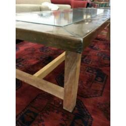 245.57* Industriele salontafel hout koper glas 220:80