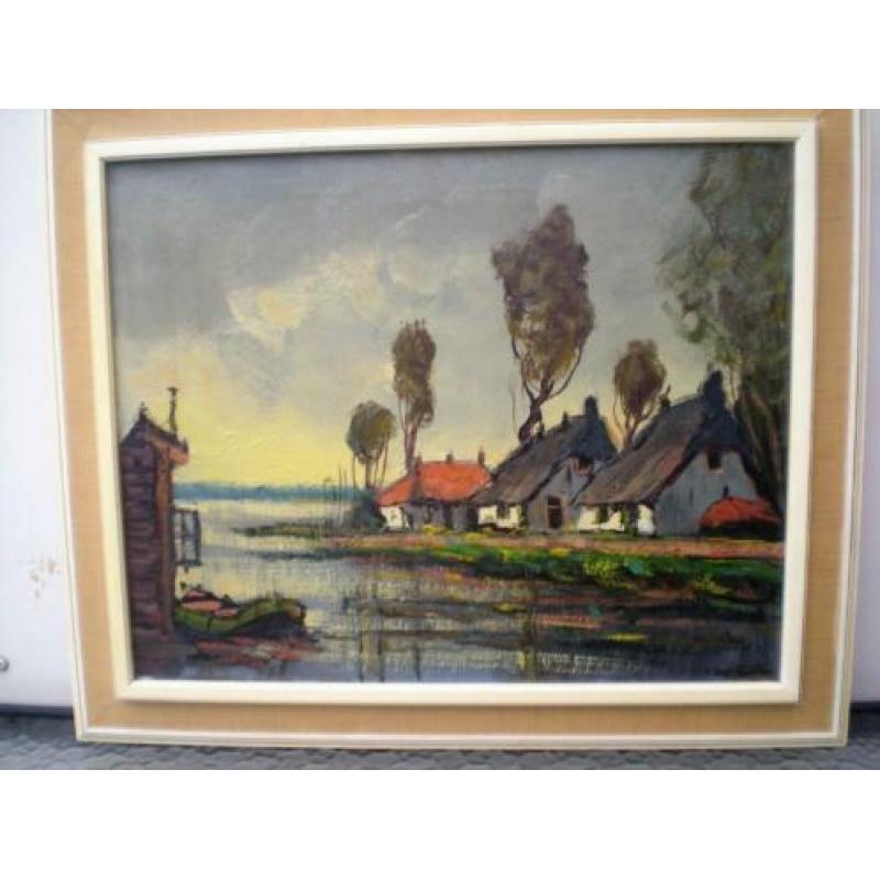 Dorpje aan het water-olieverf op doek