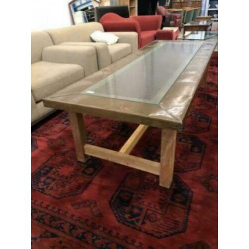 245.57* Industriele salontafel hout koper glas 220:80