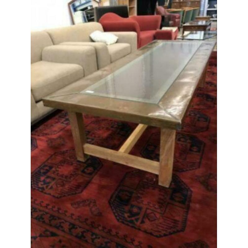 245.57* Industriele salontafel hout koper glas 220:80