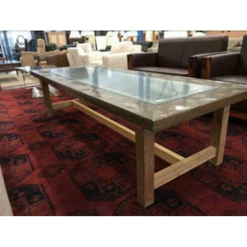 245.57* Industriele salontafel hout koper glas 220:80