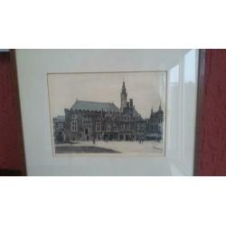 Johannes Josseaud, ingekleurde ets Stadhuis Haarlem