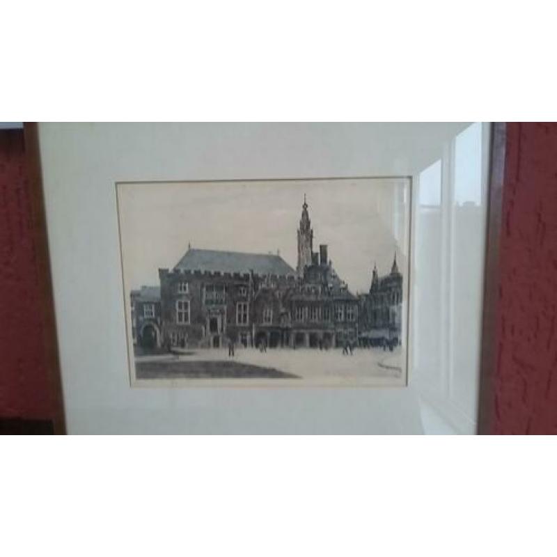 Johannes Josseaud, ingekleurde ets Stadhuis Haarlem