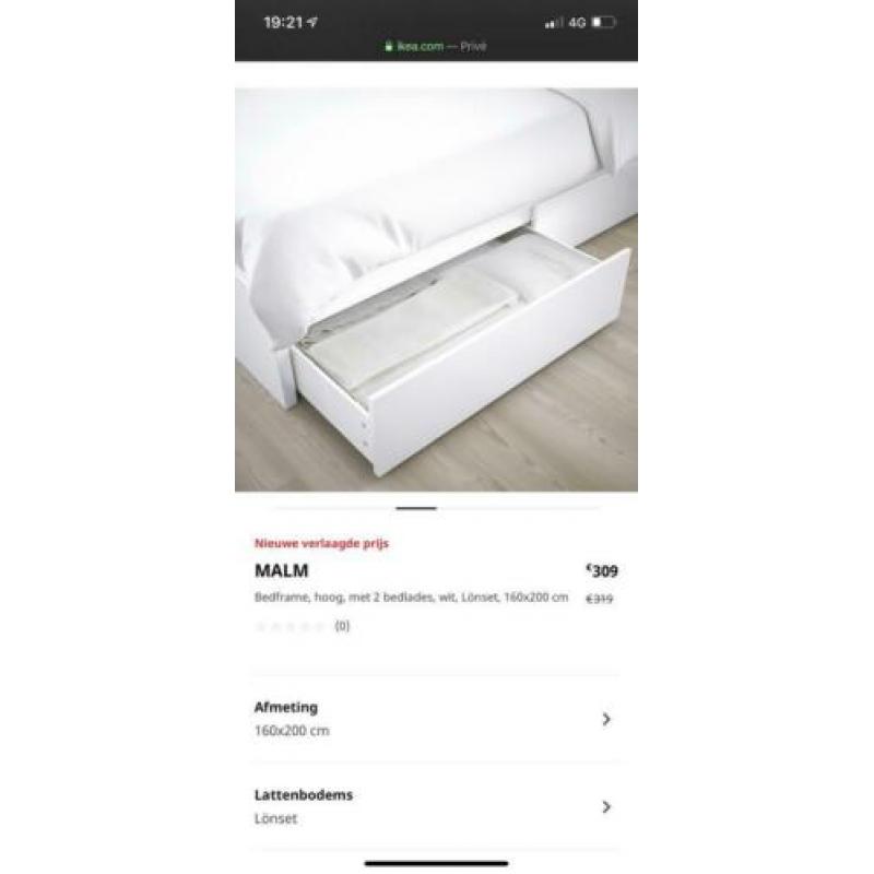 Ikea Malm bed 160x200 met twee lades en Morgedal matras