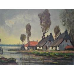 Dorpje aan het water-olieverf op doek