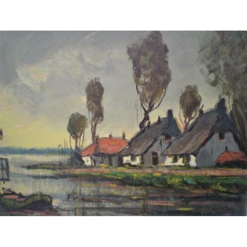 Dorpje aan het water-olieverf op doek
