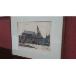Johannes Josseaud, ingekleurde ets Stadhuis Haarlem