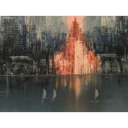 Olieverfschilderij, City skyline, bonsall, gesigneerd,