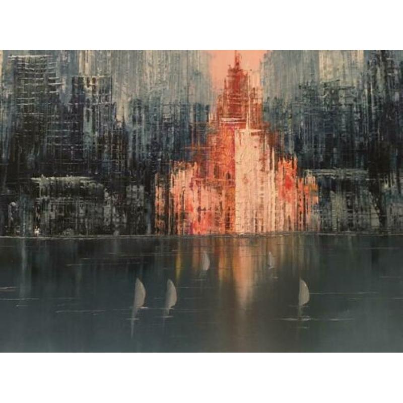 Olieverfschilderij, City skyline, bonsall, gesigneerd,