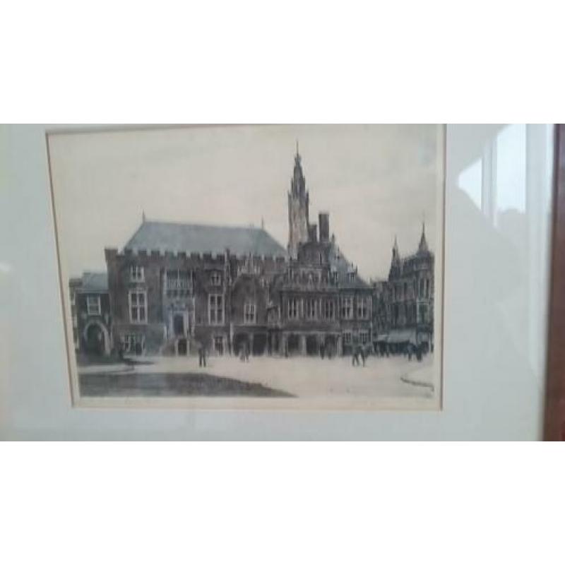 Johannes Josseaud, ingekleurde ets Stadhuis Haarlem