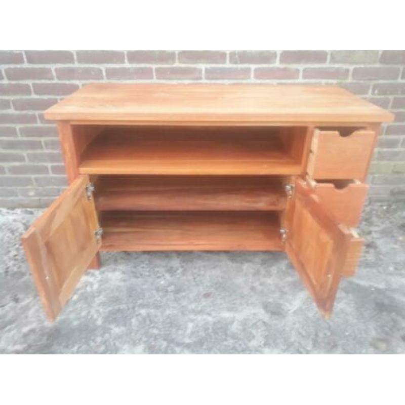 Teak houten tv kastje- met 3 laadjes en 2 deurtjes