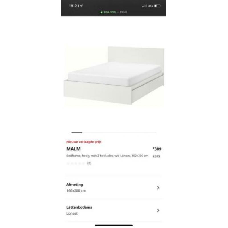 Ikea Malm bed 160x200 met twee lades en Morgedal matras