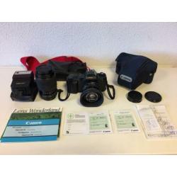 Nieuwstaat Canon T50 met Tokina 70-210 mm lens, flitser, tas