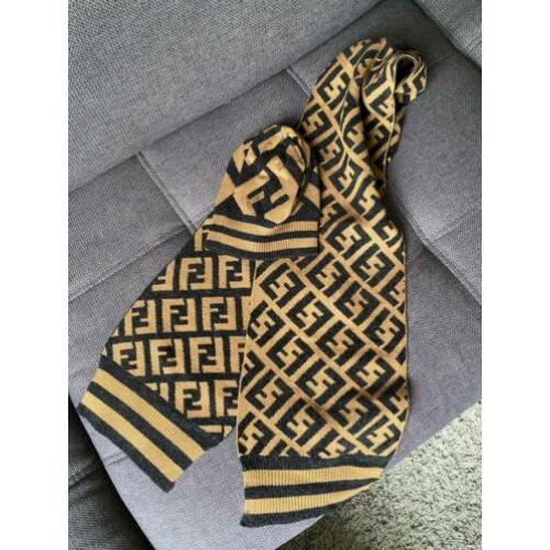 Fendi set muts sjaal logo print 100% wol cognac zwart ZGAN