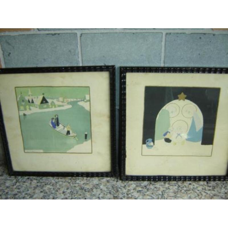 2 Jeanne Hebbelynck schilderijtjes met kerstafbeelding