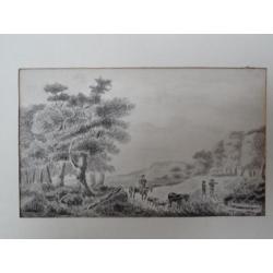 tekening landschap koeien mensen Middelburg, P. Post 1862