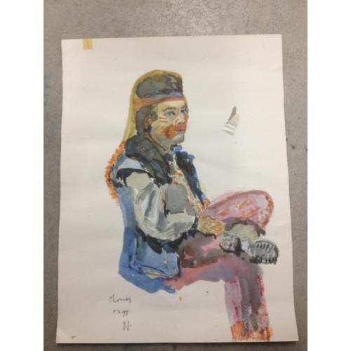 Zittende man verf op papier gesigneerd