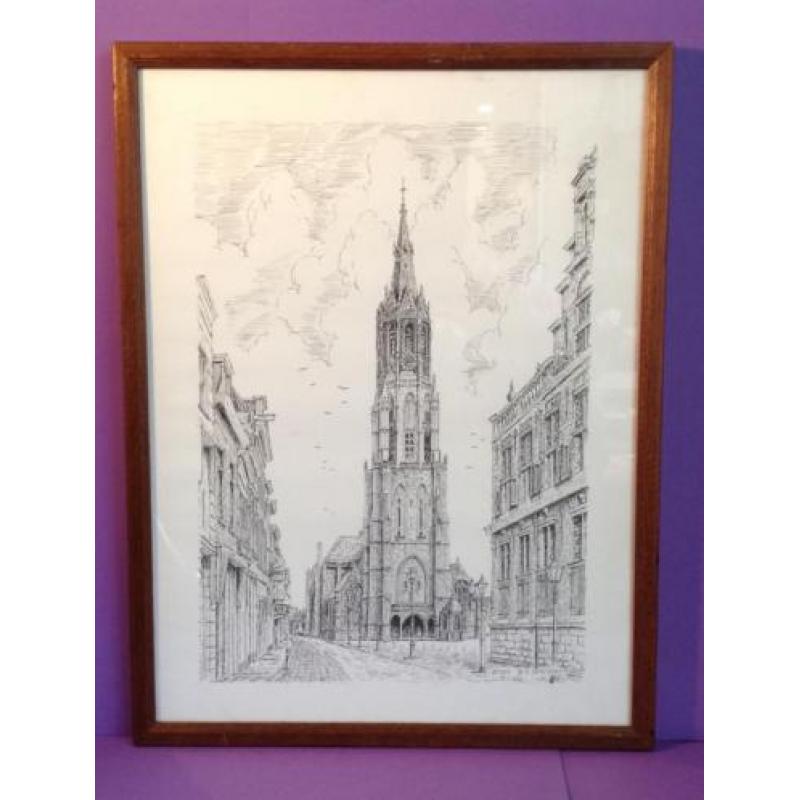 Delft : " mooi ingelijste tekening van de " grote kerk "