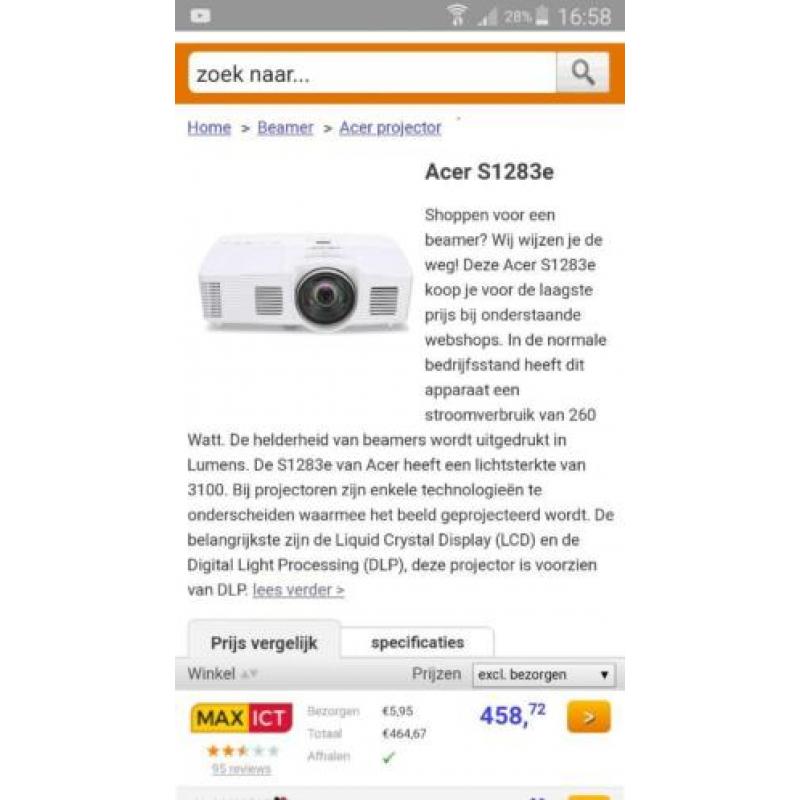Acer shortthrow beamer 3100 ansi 13.000:1 contrast garantie