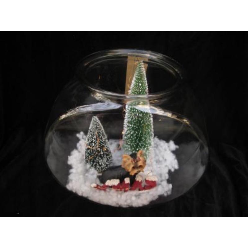 Nieuw ! Stilleven Glazen Bak met Kerst Terriër
